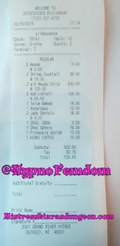 findom Mistress Kiara tribute dinner reimbursement 10.18.19